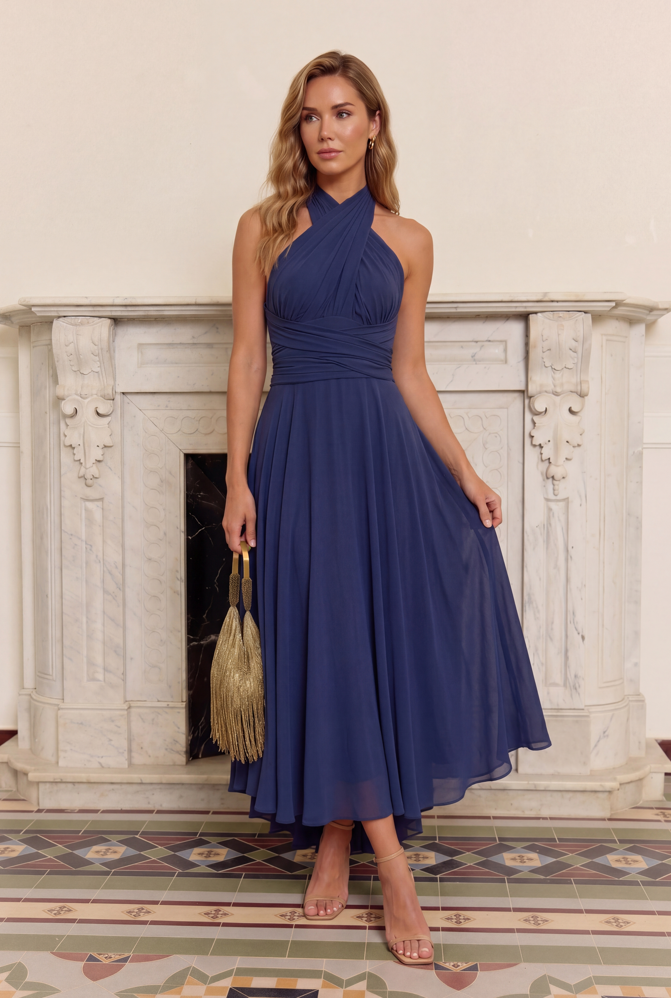 Vestido Gema™ | Azul marino con falda asimétrica y múltiples formas de llevar