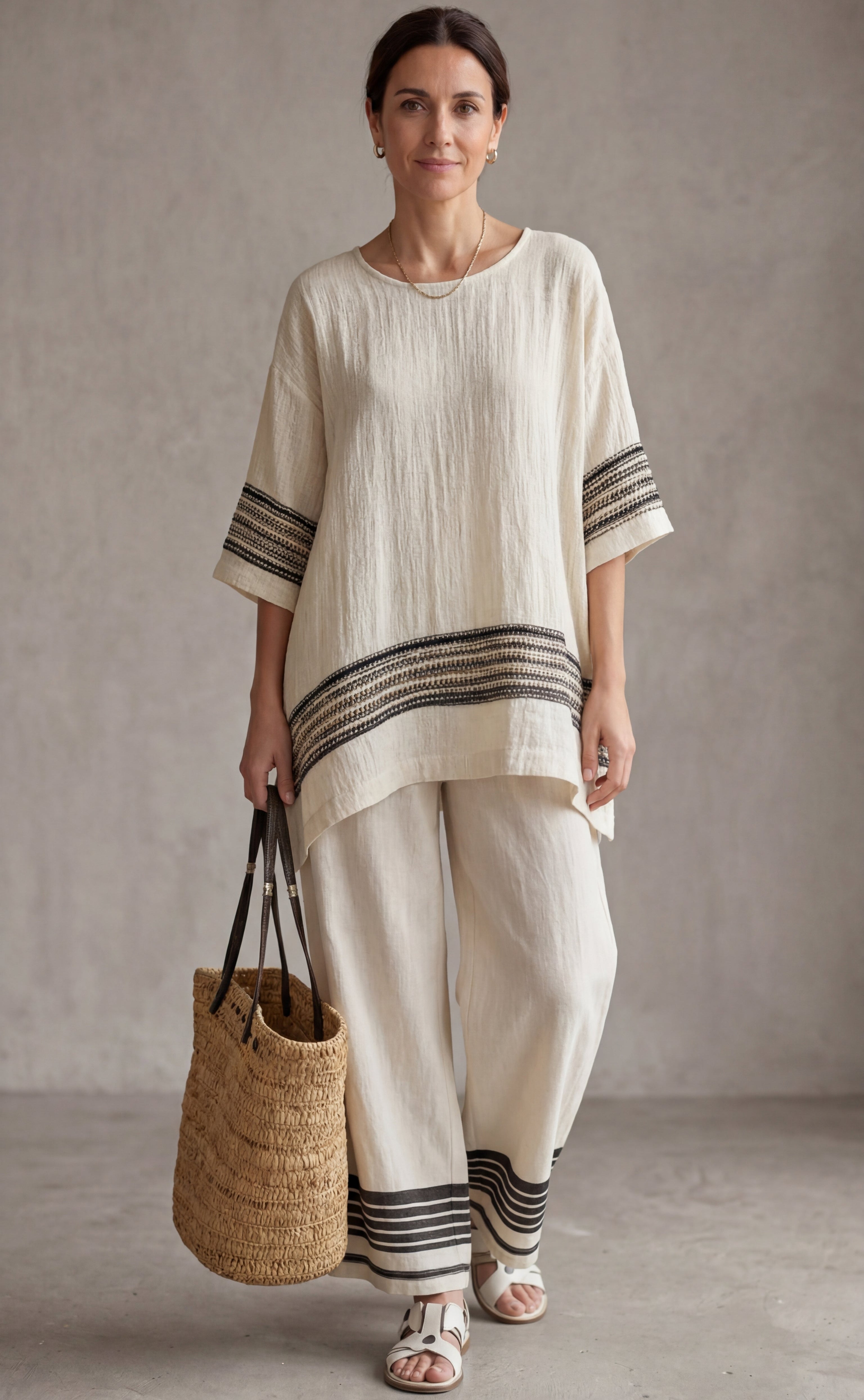 Mariella • Top elegante de lino con rayas negras y pantalones fluidos