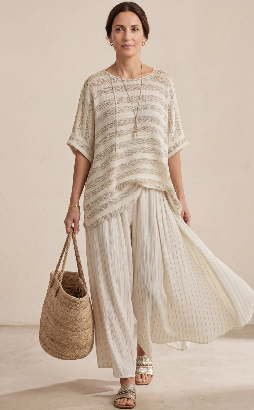 Graziella • Top a rayas de bambú natural y pantalones de lino fluidos