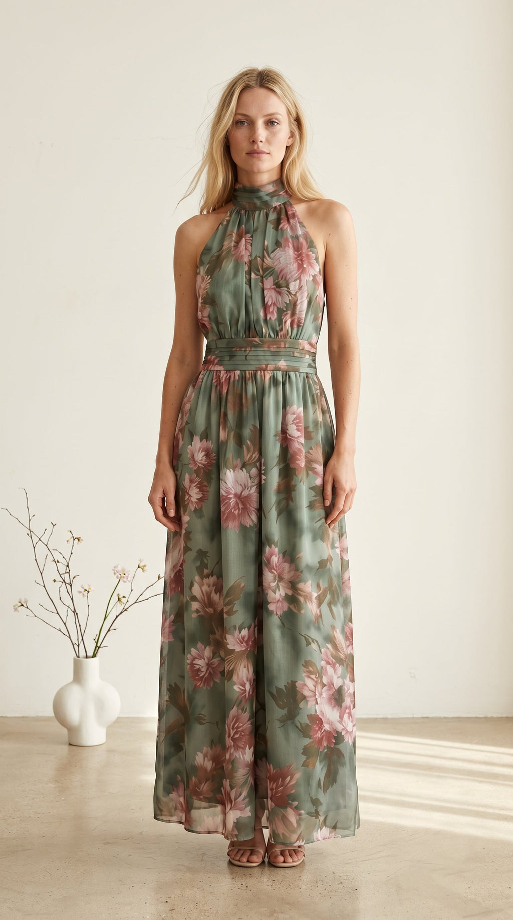 Vestido largo de gasa verde con estampado floral y escote halter