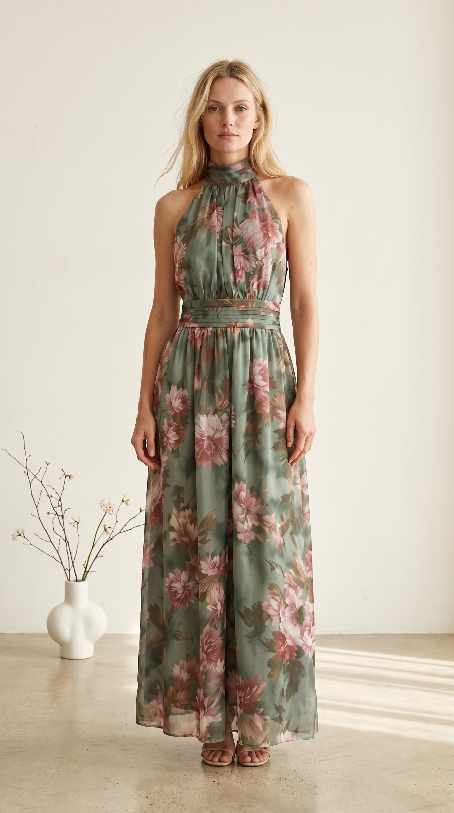 Vestido largo de gasa verde con estampado floral y escote halter