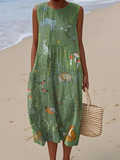 María - Vestido Sin Mangas con Bolsillo y Estampado de Animales del Bosque Vintage