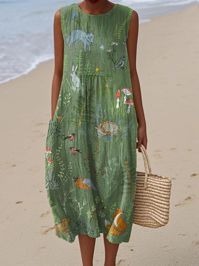 María - Vestido Sin Mangas con Bolsillo y Estampado de Animales del Bosque Vintage