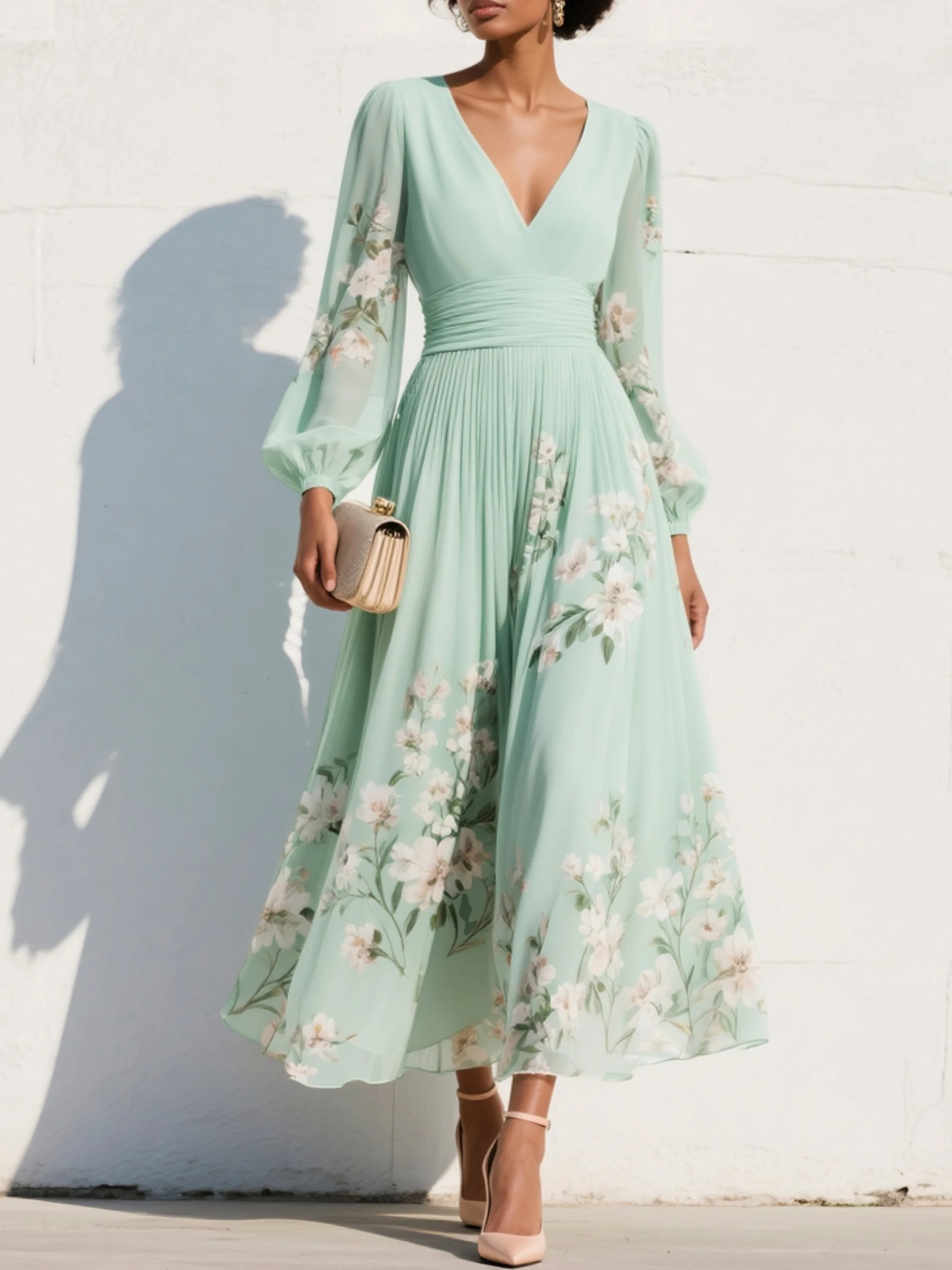 Cisella | Vestido Midi Floral Verde Claro