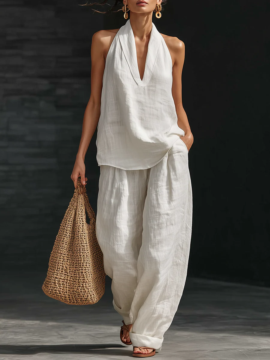Conjunto de lino con escote en V y pantalón fluido