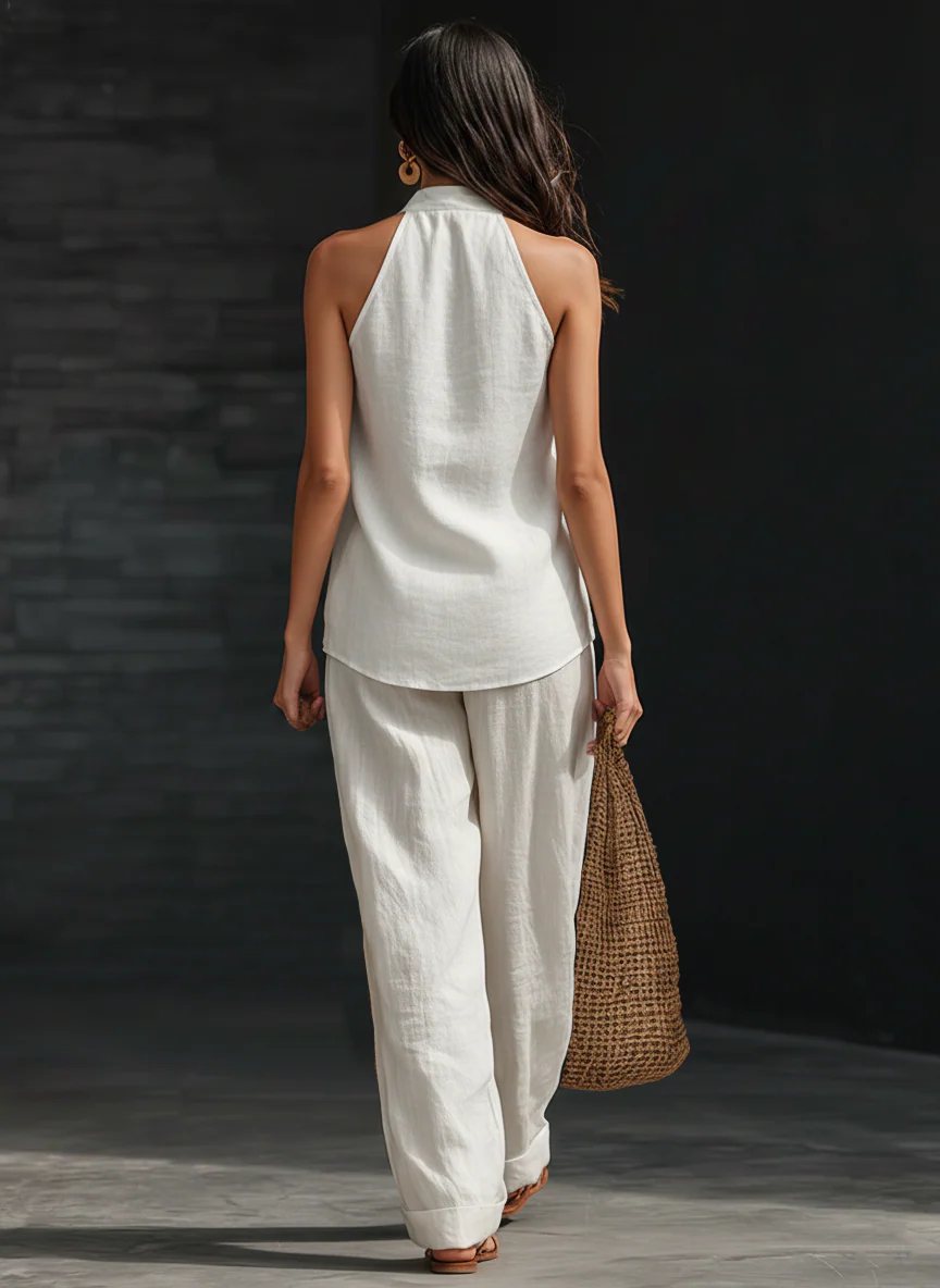 Conjunto de lino con escote en V y pantalón fluido