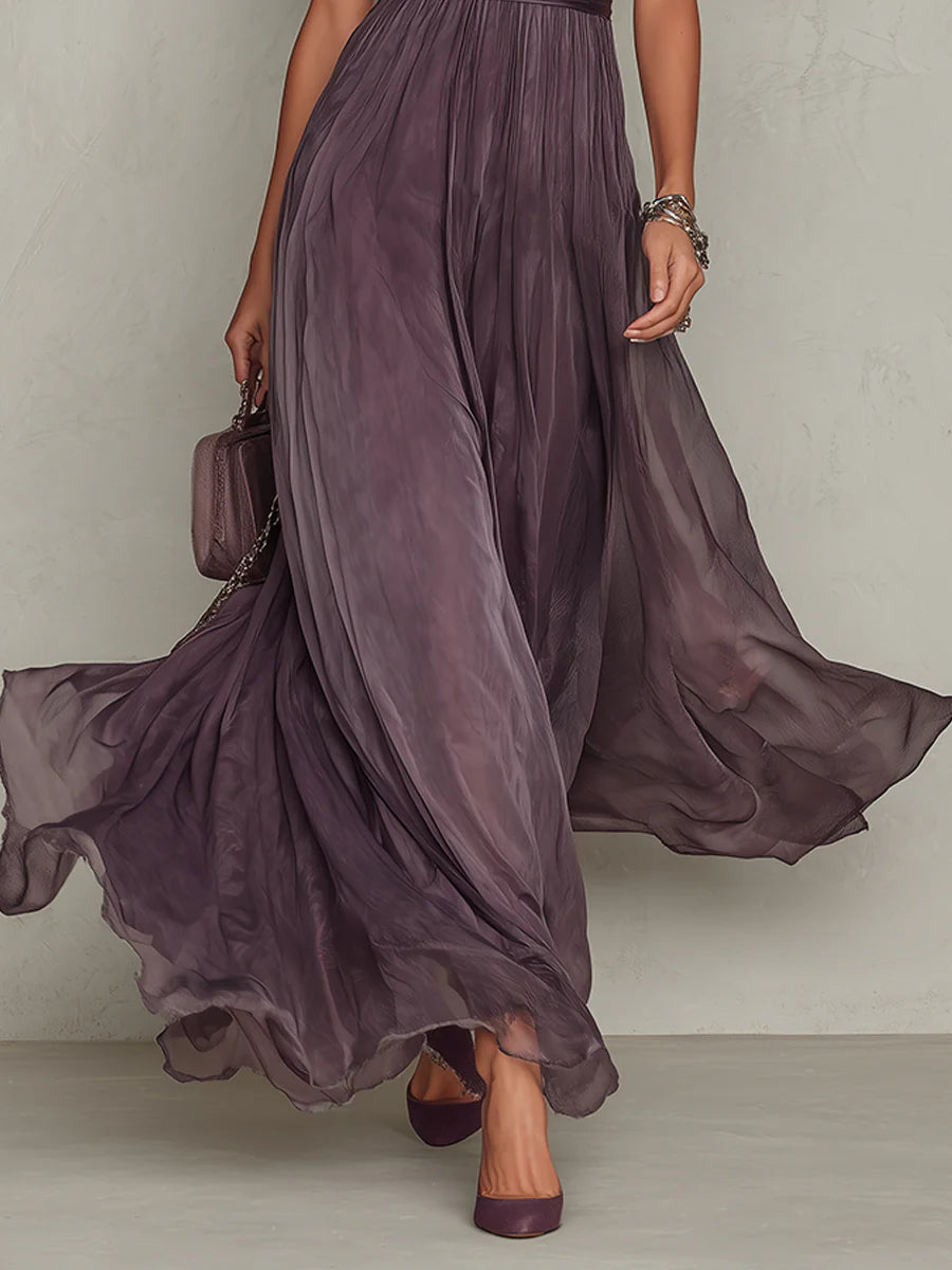 Flavia • Vestido largo morado con escote en V y ribete de encaje de gasa