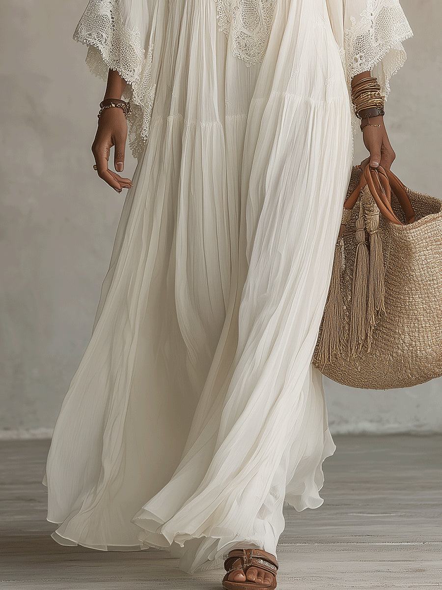 Adelaida | Vestido largo de gasa color marfil con mangas de murciélago y encaje blanco