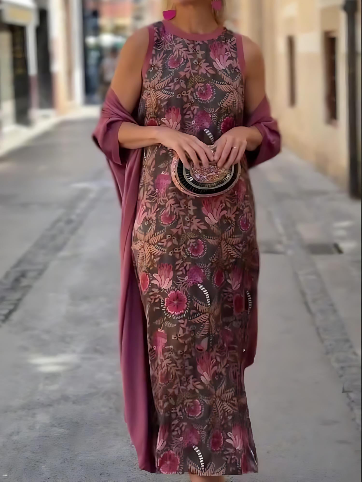 Noa | Conjunto boho de vestido maxi y cárdigan estampado