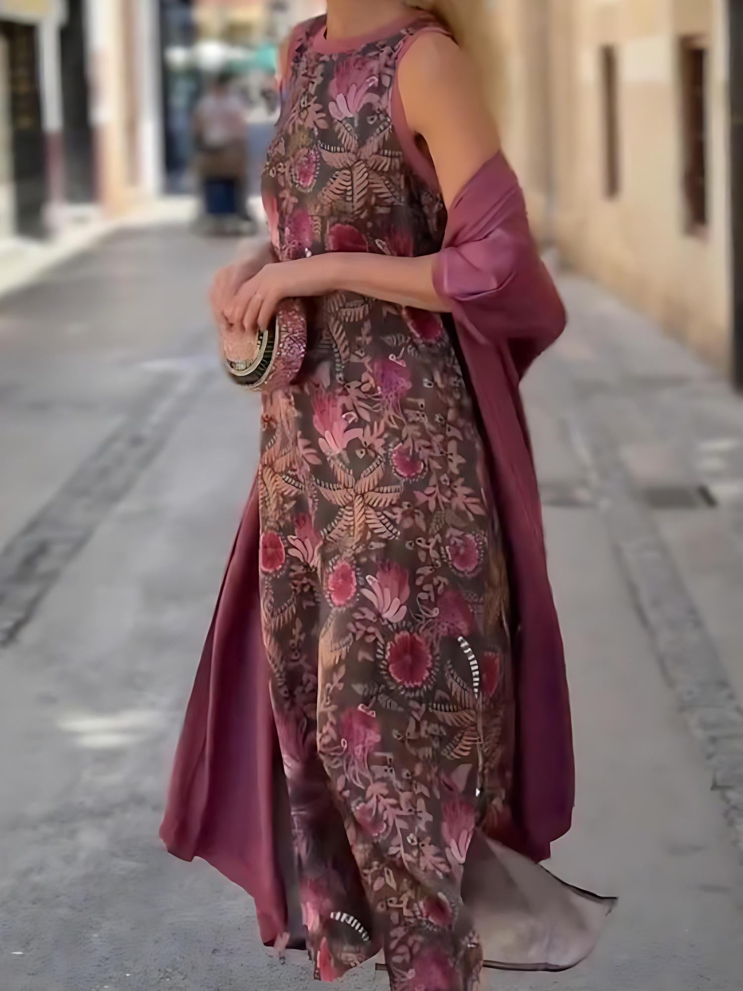 Noa | Conjunto boho de vestido maxi y cárdigan estampado