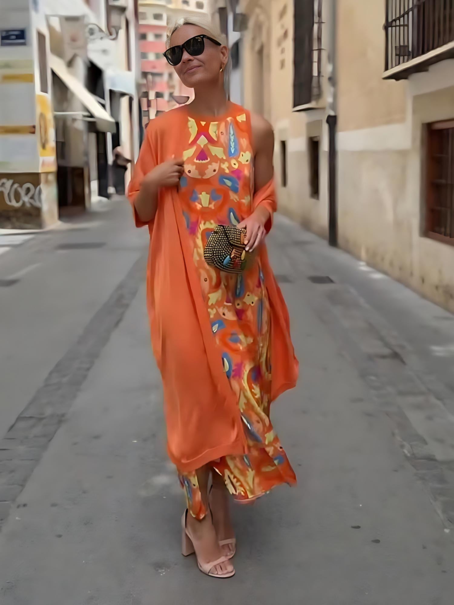 Noa | Conjunto boho de vestido maxi y cárdigan estampado