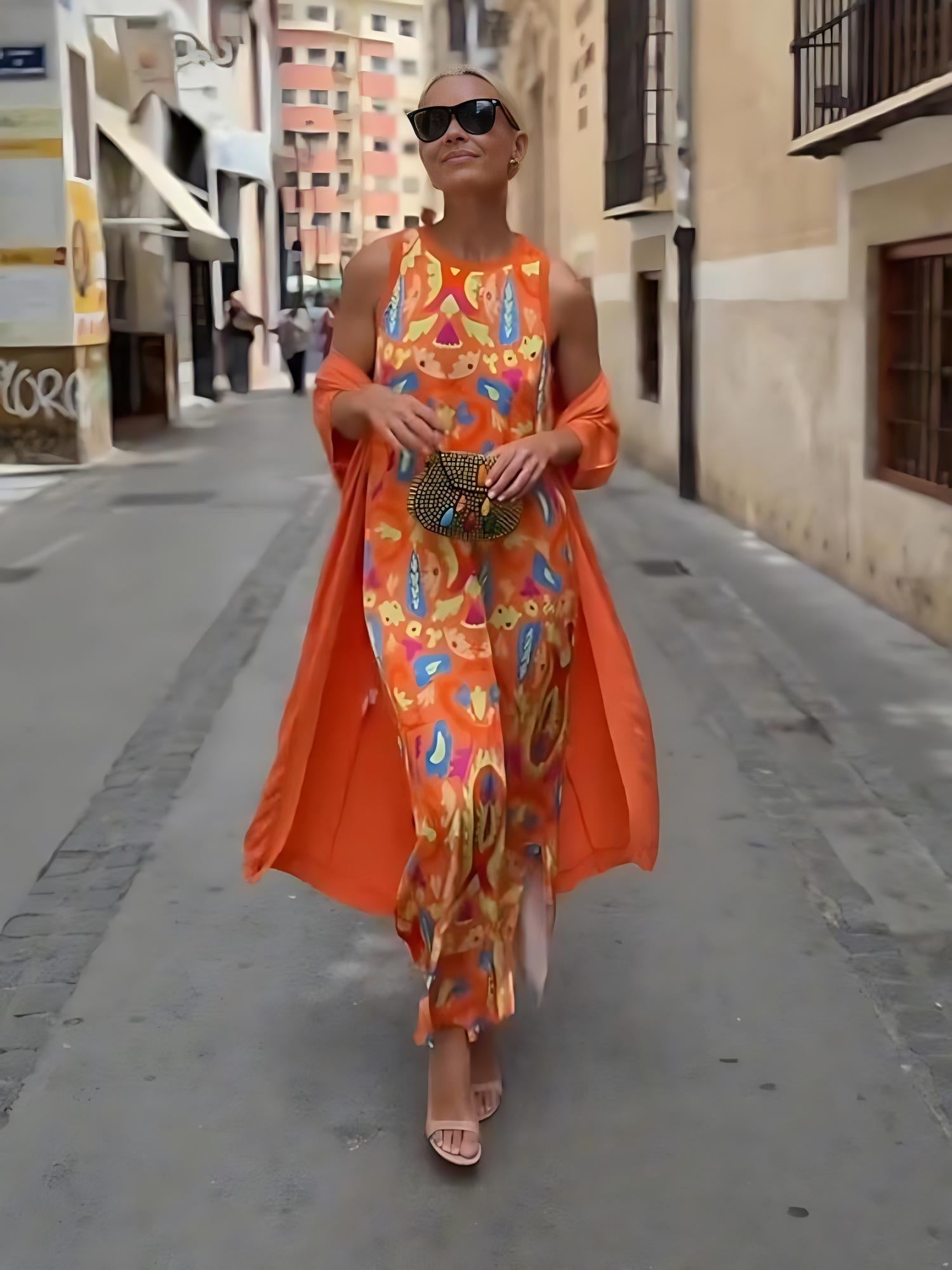 Noa | Conjunto boho de vestido maxi y cárdigan estampado