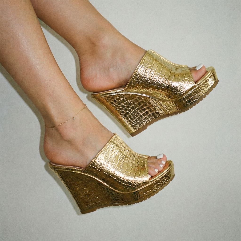 Elara • Sandalias de cuña con brillo elegante