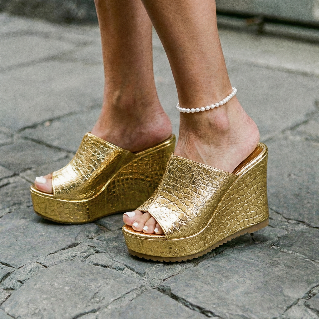 Elara • Sandalias de cuña con brillo elegante