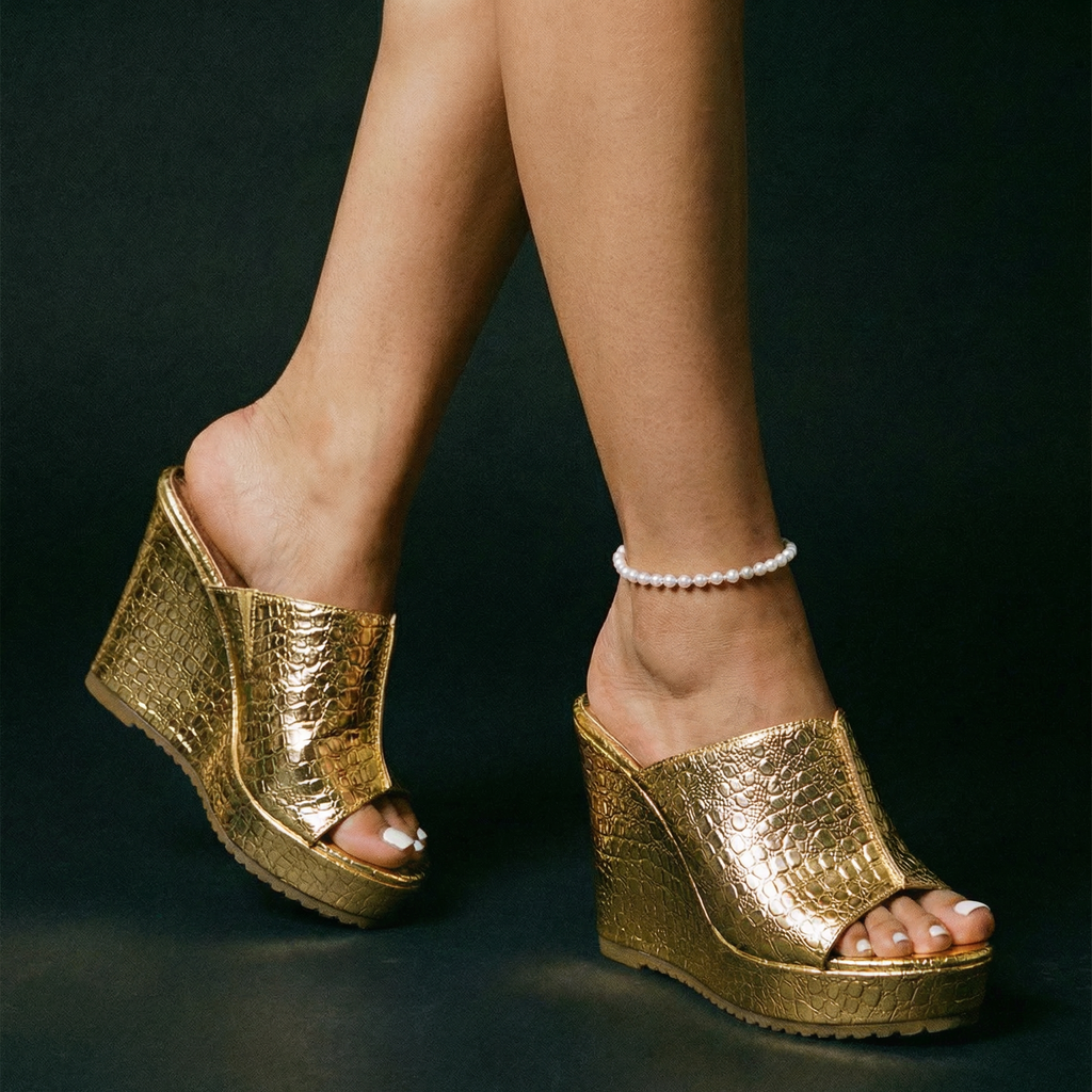 Elara • Sandalias de cuña con brillo elegante