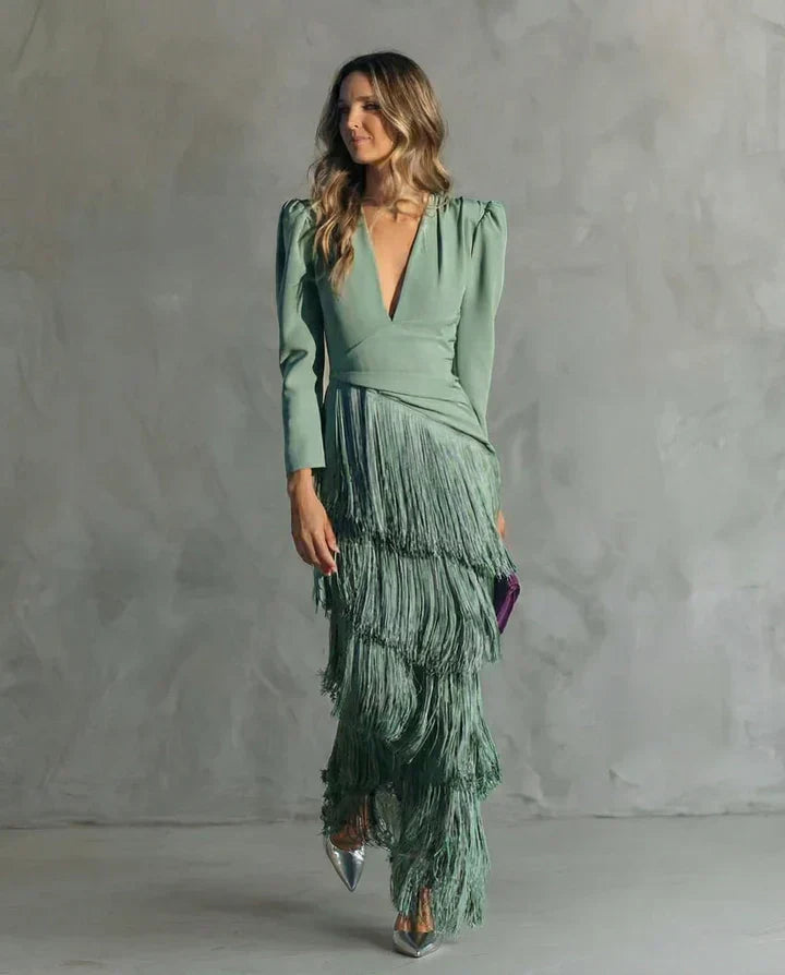Clara™ | Vestido midi elegante con mangas de flecos