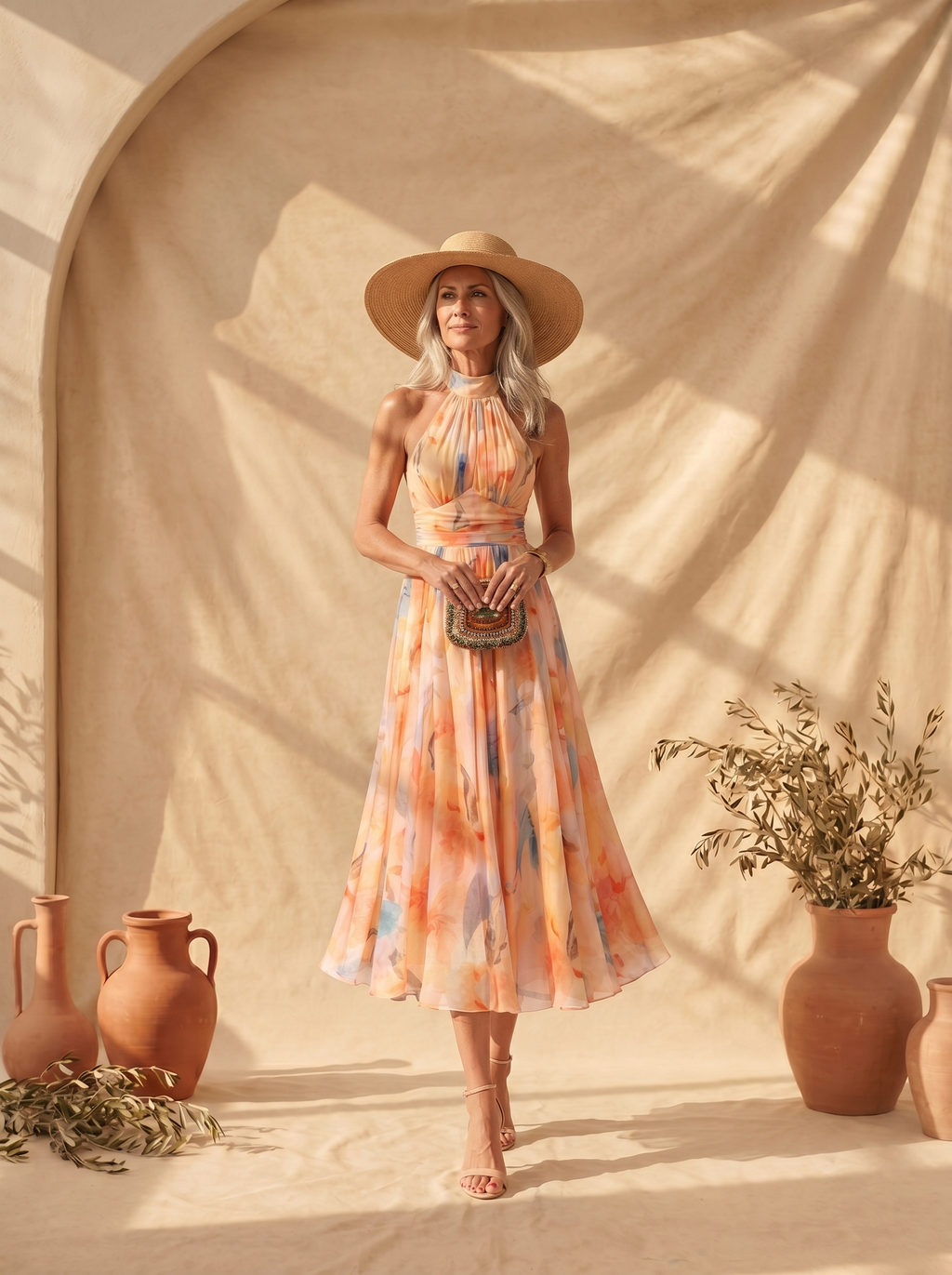 Aurora | Vestido con Escote Halter y Estampado Acuarela
