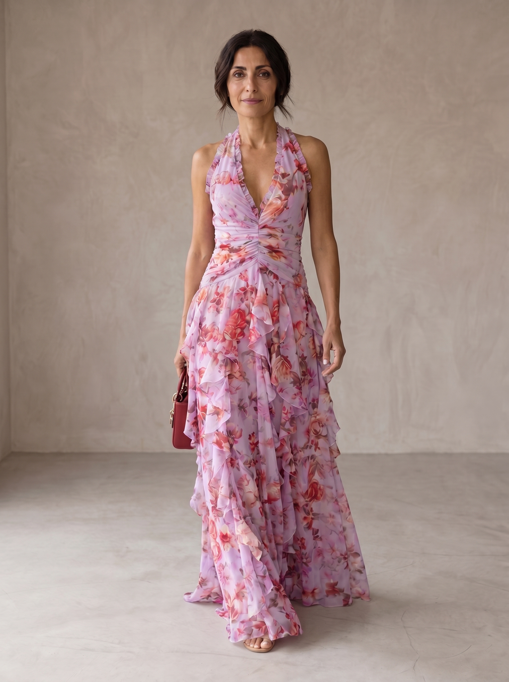 Belladina | Romántico Vestido Largo Cascada de Rosas con Escote Halter