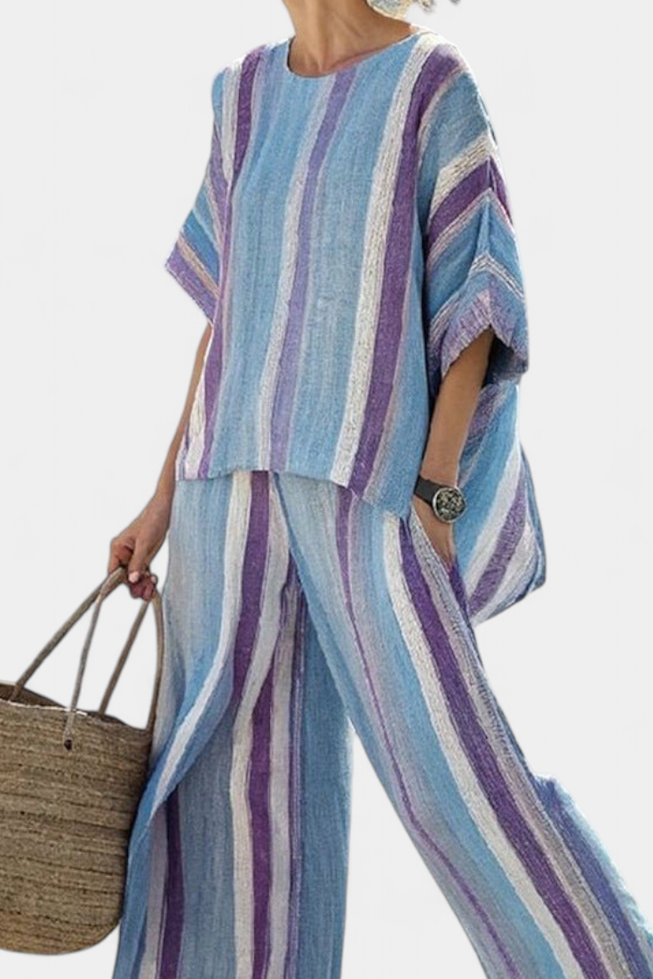 Ginevra • Top elegante en tono malva pastel y pantalones de lino a rayas