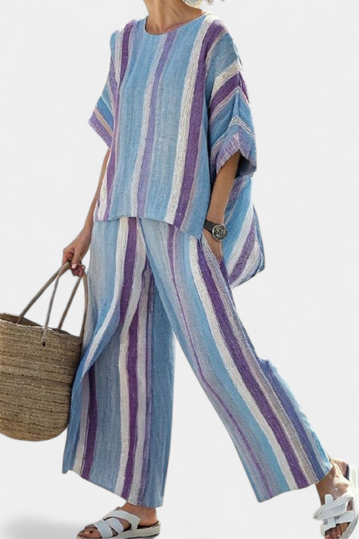 Ginevra • Top elegante en tono malva pastel y pantalones de lino a rayas