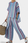 Ginevra • Top elegante en tono malva pastel y pantalones de lino a rayas