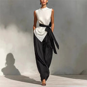 Claudia Conjunto Elegante Bicolor con Top Asimétrico y Pantalón Ancho