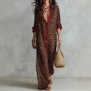 Carla Vestido Maxi Camisero con Estampado Leopardo y Detalles en Contraste