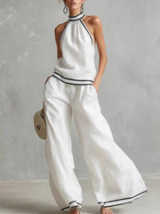 Blanca Conjunto de Dos Piezas con Top Halter y Pantalón Palazzo
