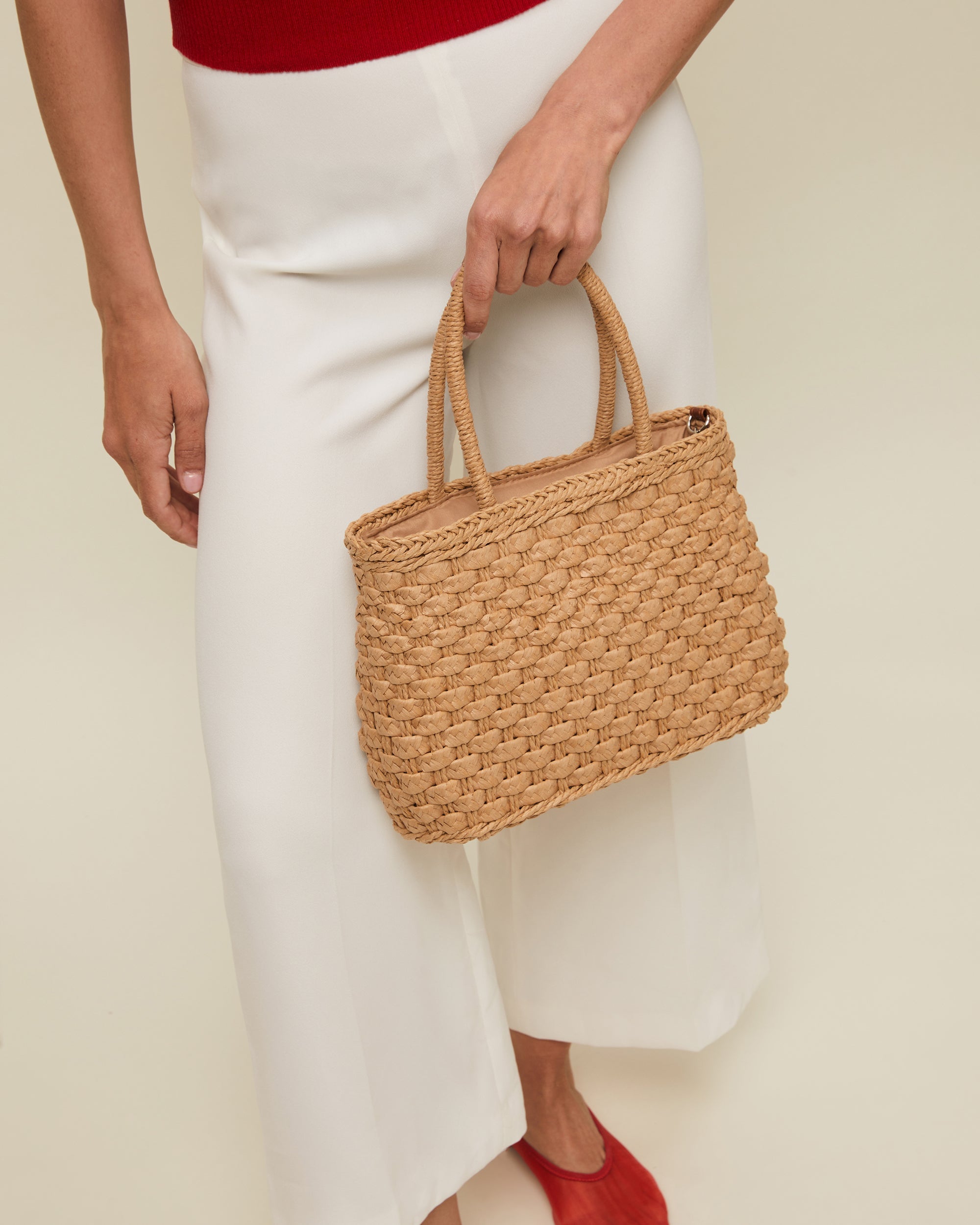 Milori bolso de mano pequeño efecto rafia con asa bandolera extraíble