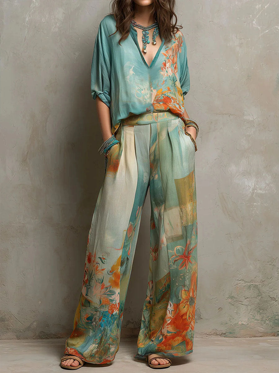 Clara | Conjunto elegante con estampado floral y pantalón ancho