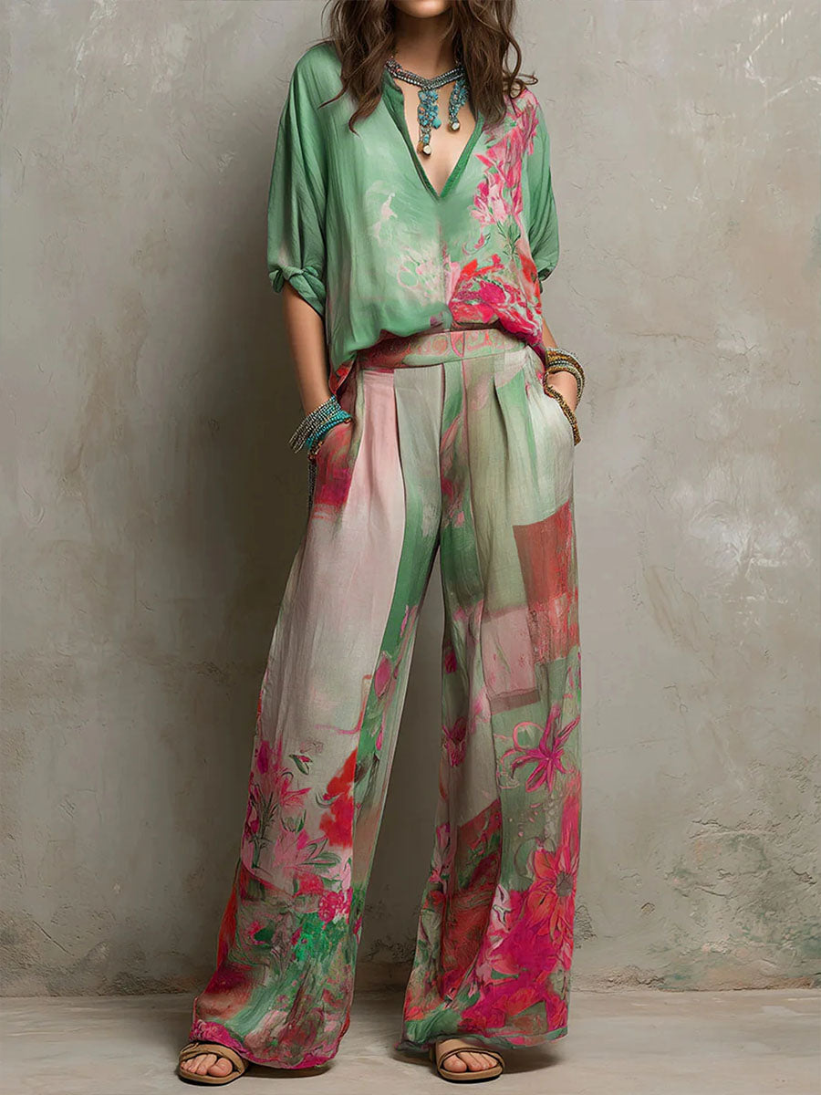 Clara | Conjunto elegante con estampado floral y pantalón ancho