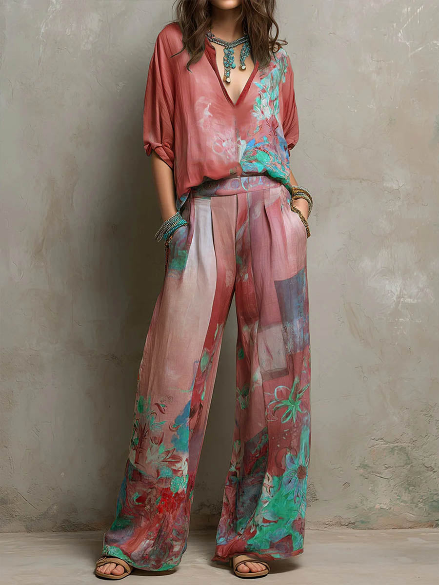 Clara | Conjunto elegante con estampado floral y pantalón ancho