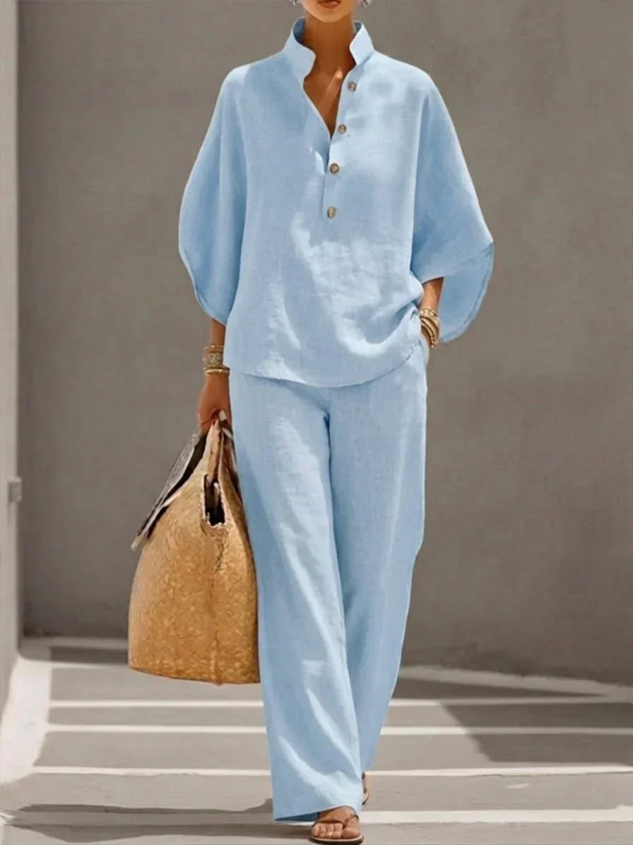 ISABEL | Conjunto de lino con mangas murciélago y pantalón ancho