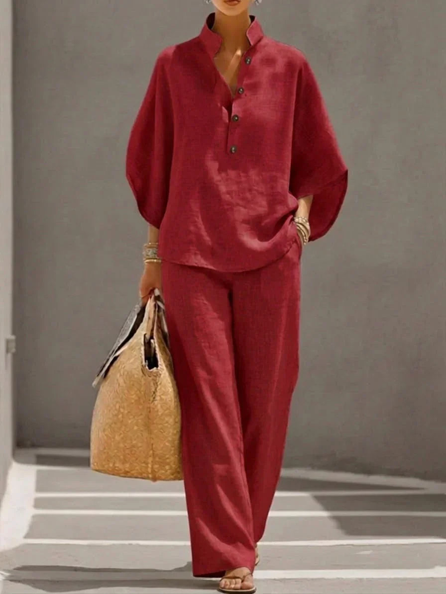 ISABEL | Conjunto de lino con mangas murciélago y pantalón ancho