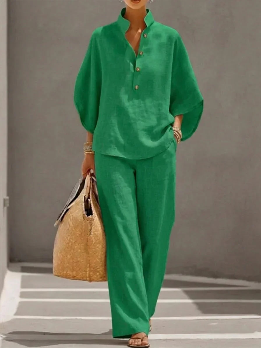 ISABEL | Conjunto de lino con mangas murciélago y pantalón ancho