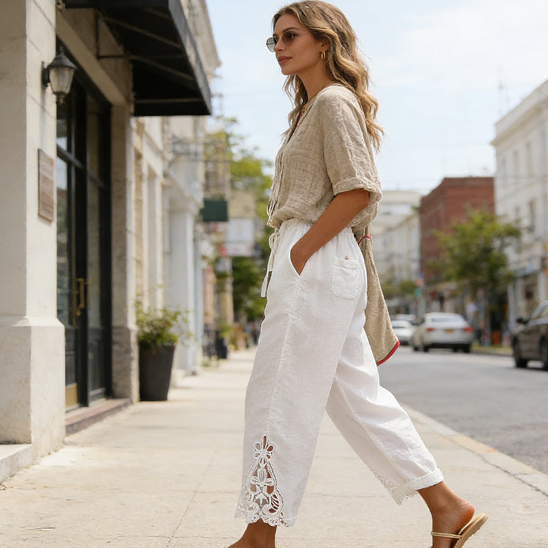 Marta™ | Pantalón de lino con encaje y cintura elástica