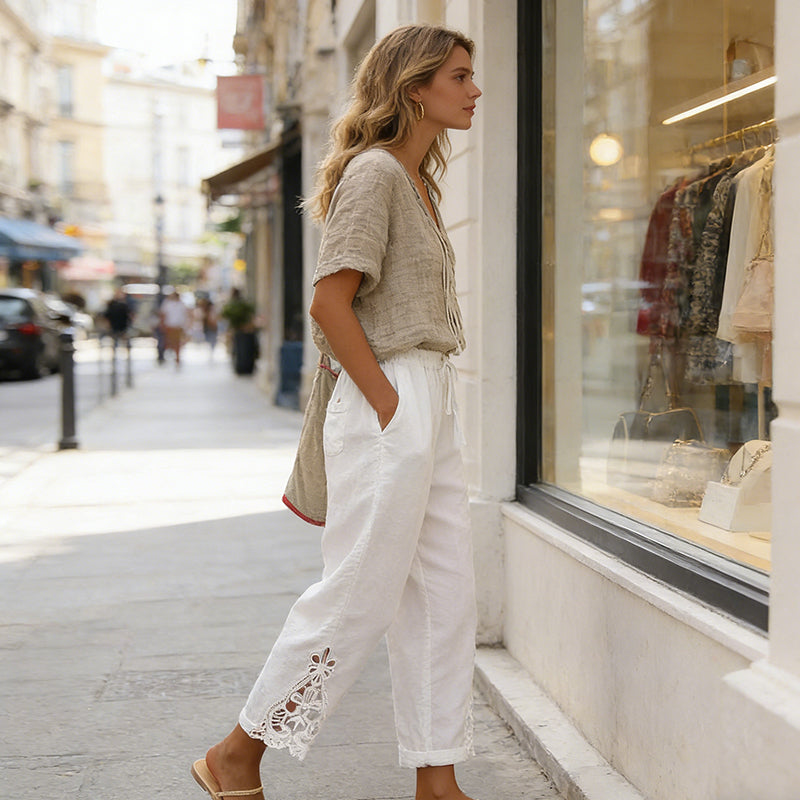 Marta™ | Pantalón de lino con encaje y cintura elástica